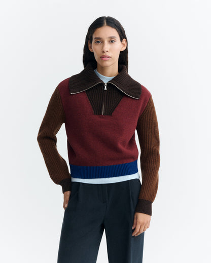 THINKING MU WOMAN BROWN BLOCK TANIT KNITTED SWEATER